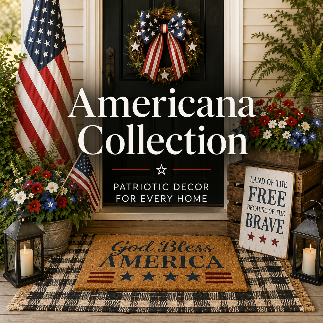 Patriotic Americana front porch decor featuring American flags, patriotic doormats, welcome signs, lanterns, and red, white, and blue seasonal decorations.
