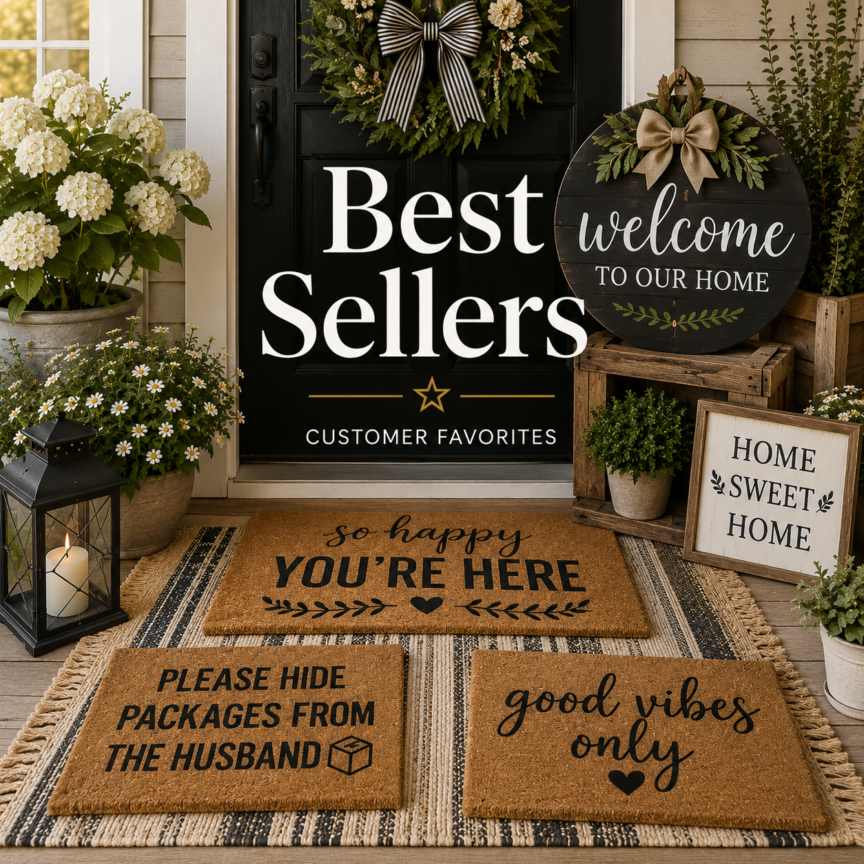 Best-selling doormats, welcome signs, and front porch decor displayed on a cozy farmhouse-style entryway with layered rugs, lanterns, and seasonal home accents.