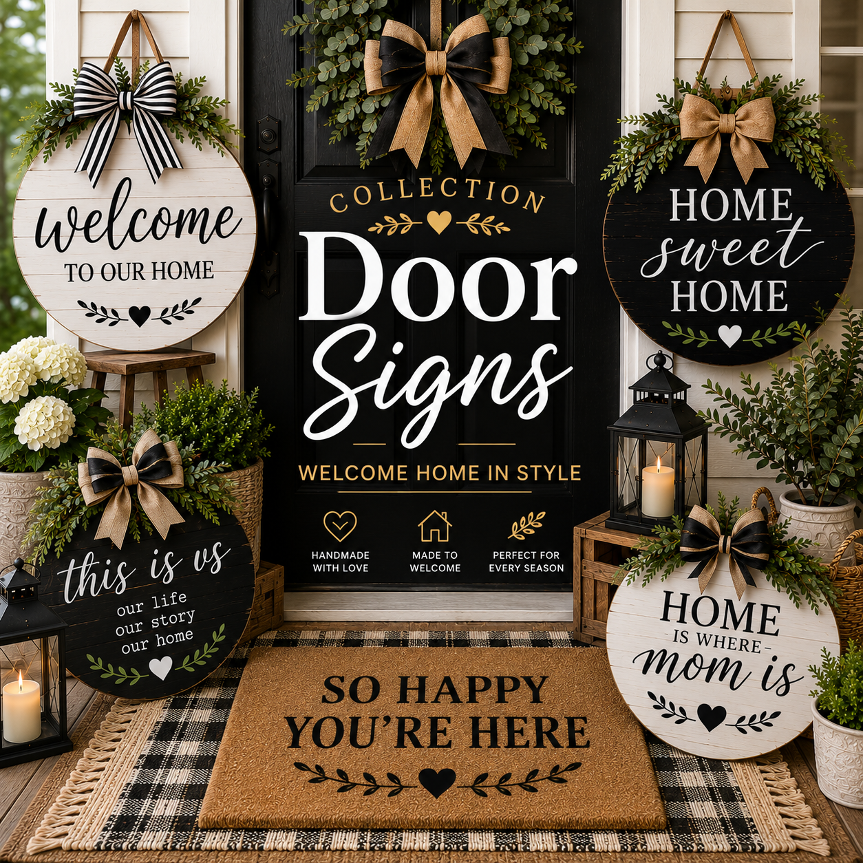 Decorative front door signs and welcome signs displayed on farmhouse and modern home entryways with seasonal greenery and porch decor.