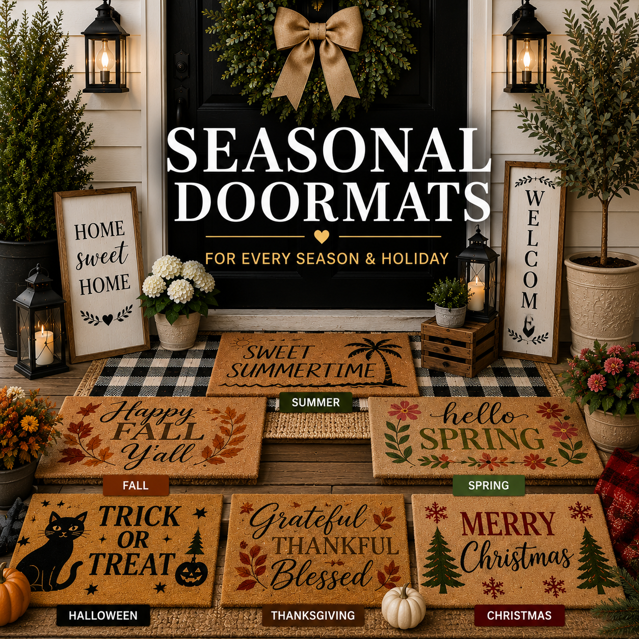 Seasonal front porch decor featuring pumpkins, lanterns, welcome signs, autumn wreaths, and decorative doormats styled on a cozy farmhouse entryway.