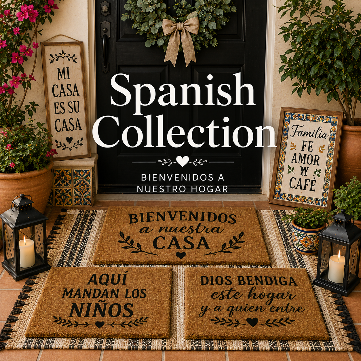 Spanish-inspired front porch decor featuring bilingual welcome mats, decorative door signs, terracotta planters, and family-focused home accents.